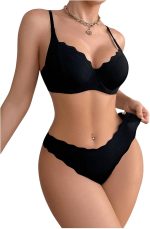 Women 2 Piece Lingerie Sets Scallop Trim Lightly Lined Underwire Bra and Low Rise Briefs Underwear