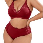 Women Plus Size Lingerie Set Deep V Wireless Bra and Panty Set Lace Boudoir Outfits 2 Piece