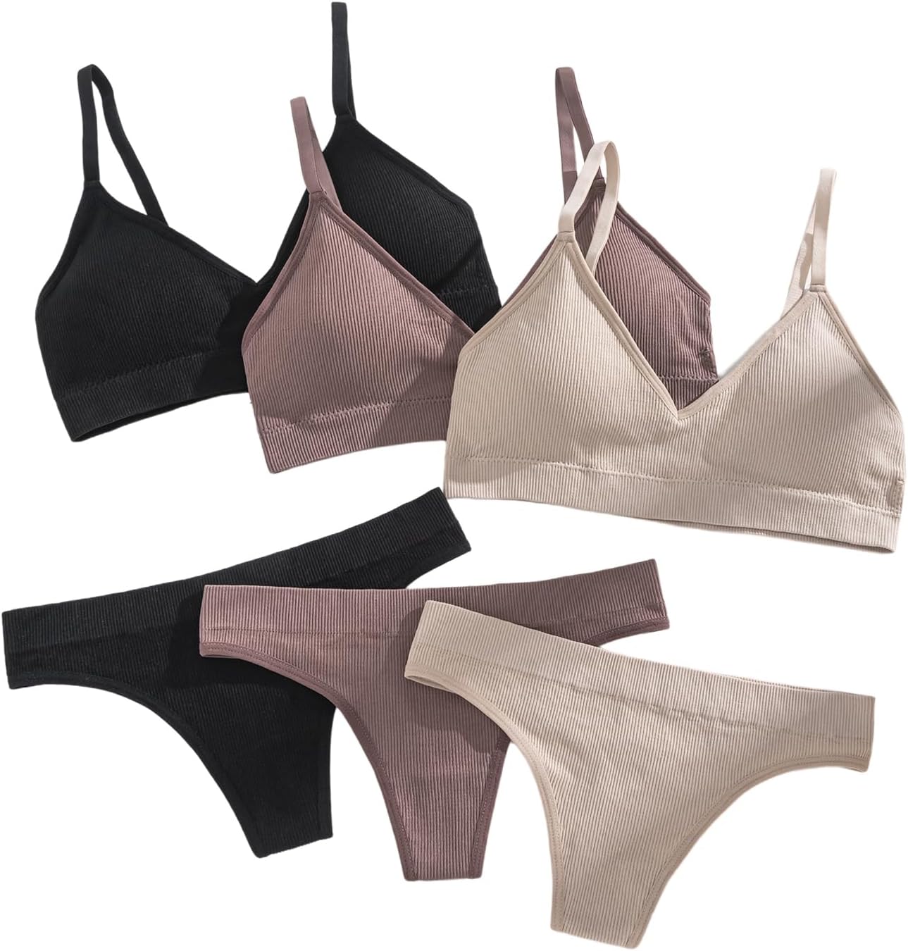 71drTdXAb1L._AC_SL1500_.jpg Women 6 Piece Ribbed Knit Lingerie Sets Seamless Wireless No Show Bra and Panty Thong Sets Matching Underwear Sets - Image 1