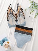 Women 4 Sets Ribbed Knit Lingerie Sets Wireless Bra and Panties Briefs Matching Underwear Sets - Image 2